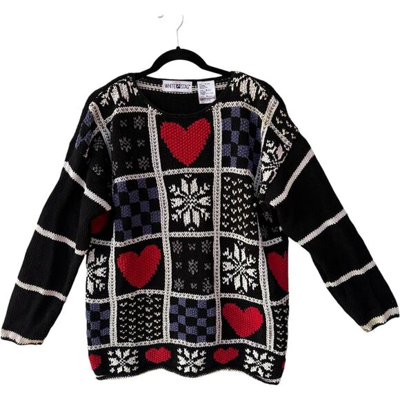 VTG White Stag Chunky Knit Pullover Sweater L Graphic Heart Grandpa Snowflake - Picture 1 of 8